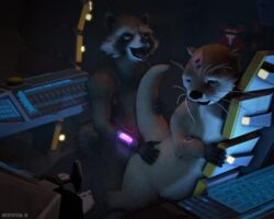 2018 3d ambiguous_penetration anthro averyhyena duo fangs female from_behind_position fur glowing guardians_of_the_galaxy implied_penetration interspecies looking_pleasured lylla male mammal marvel mustelid nude otter penetration raccoon rocket_raccoon sex source_filmmaker straight video_games