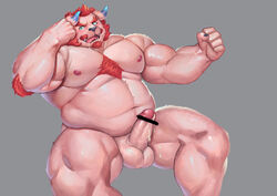 balls beard body_hair censored chernobog demon erection facial_hair fur gohgw1 horn male male_only moustache musclegut navel nipples penis pink_fur solo tokyo_afterschool_summoners tongue