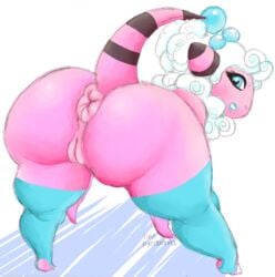 1girls anthro anthrofied anus ass bent_over big_anus big_ass black_fur blue_eyes blue_lipstick clothing eyelashes feet female female_only flaaffy fur furry furry_only huge_ass large_ass legwear lipstick looking_at_viewer looking_back makeup nintendo pink_fur pokémon_(species) pokemon pussy pyredaemos raised_tail rear_view sheep solo standing stockings stripes tail teeth text thick_thighs thighhighs video_games watermark white_fur wide_hips