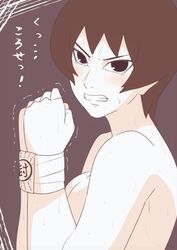 1girls black_eyes black_hair blush boruto:_naruto_next_generations breasts eeshin_(eishin5584) female female_only hand_on_breast hands_tied kurotsuchi milf naked naruto nude short_hair solo solo_focus sweatdrop teeth tied_hands tied_up