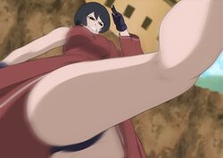 1girls ass bare_shoulders black_eyes black_hair black_panties boruto:_naruto_next_generations dress eeshin_(eishin5584) female female_only fighting fighting_stance gloves kurotsuchi legs milf naruto panties short_hair solo solo_focus teeth upskirt