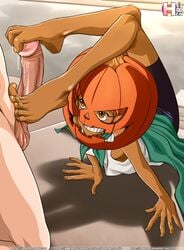 1boy 1girls arm_support barefoot big_penis clothing cowboy_bebop dark-skinned_female dark_skin duo edward_wong_hau_pepelu_tivrusky_iv faceless_male feet female flexible footjob halloween interracial male penis pumpkin rankerhen scorpion_pose shirt straight stretching teeth text url veins veiny_penis watermark