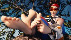 3d alternate_costume barefoot colonelyobo feet female female_only foot_fetish foot_focus overwatch pov_feet soles solo toes tracer track_and_field_tracer