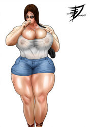 bare_shoulders booty_shorts erect_nipples female huge_breasts popsicle saikyodragon solo sweat tank_top thick_thighs wide_hips