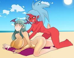 2girls ass beach blue_hair breasts capcom darkstalkers demon_girl embarrassed female female_only glasses green_eyes green_hair head_wings horn huge_breasts killer_lotion kneesocks_daemon large_breasts lotion massage morrigan_aensland multiple_girls nipples nude oil oiled panty_&_stocking_with_garterbelt red_skin rodjim small_breasts snuff succubus sunbathing sunscreen towel