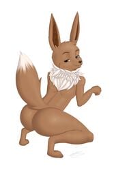 1boy 2018 3_toes anthro anthrofied ass back big_ass big_ears brown_eyes brown_fur canine eevee feet fur girly half-closed_eyes long_ears looking_at_viewer looking_back male mammal nintendo nude paws pokémon_(species) pokemon pokemon_rgby smile solo source_request squatting tail thick_thighs video_games watermark white_background white_fur xxmidknightxx