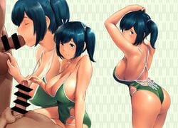 1boy arms_up ass back bangs bar_censor bare_shoulders blue_eyes blue_hair blush breasts censored cleavage closed_mouth collarbone erection fellatio female green_one-piece_swimsuit green_swimsuit hair_ribbon hand_in_hair highleg highleg_swimsuit highres hips kantai_collection large_breasts long_hair multiple_views one-piece_swimsuit open_mouth oral penis ribbon sideboob smile souryuu_(kantai_collection) swimsuit testicles thighs twintails wa_(genryusui) white_ribbon