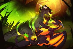 2018 arsauron black_hair black_penis digital_media_(artwork) dragon duo feral greame hair horn knot male male_only membranous_wings open_mouth penis scalie teeth tentacle tongue western_dragon wings
