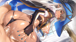 anus ass bed big_hat blue_nails blush breasts censored cowgirl_position cum cum_on_body cum_on_breasts cum_on_upper_body dark_skin elf female from_behind fur_trim game_cg grey_hair hat highres huge_breasts indoors legs looking_back lying mosaic_censoring nail_polish ogino_(oginogino) on_bed original penis pointy_ears pussy sewazuki_kyonyuu_elf_no_sumu_yakata sex silver_hair sitting sitting_on_person smile solo_focus sweat thighs thong vaginal_penetration witch_hat yellow_eyes