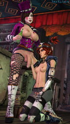 1futa 1girls 3d areolae balls borderlands borderlands_2 breasts curvy erect_nipples female flaccid futa_on_female futa_sans_pussy futanari gaige_(borderlands) intersex large_breasts large_penis mad_moxxi nipples penis skykliker small_breasts smile source_filmmaker tagme testicles