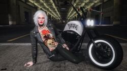 3d 3d_(artwork) big_breasts bike blue_eyes breasts choker fake_eye flossie_grey grand_theft_auto_online grand_theft_auto_v naked naked_female nipples nopixel nude nude_female nullinvoid open_clothes open_jacket public public_nudity ring spiked_bracelet tattoo tattoo_on_arm tattoo_on_back tattoo_on_belly tattoo_on_chest tattoo_on_legs tattooed_arm tattoos white_eyes white_hair