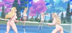 4girls ass blonde_female blonde_hair charlotte_(fire_emblem) clarisse_(fire_emblem) commission commissioner_upload fire_emblem lissa_(fire_emblem) naked nude_female ophelia_(fire_emblem) oppaihobby tennis tennis_court tennis_racket