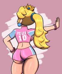 1girls ass ass_focus back backboob big_ass big_breasts blonde_hair breasts bursting_breasts busty crown earrings fat_ass female female_focus from_behind from_below gloves hand_on_hip highres jewelry large_breasts legs long_hair mario_(series) mario_strikers mario_strikers_peach_back_view_redraw_(meme) midriff nintendo outstretched_arm pink_shirt pink_shorts ponytail pose posing princess_peach sensual shirt short_shorts short_sleeves shorts shoulder_blades soccer_uniform solo sportswear standing thick_thighs thighs two-tone_shirt white_gloves wide_hips