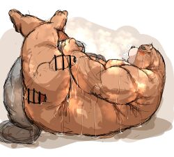 2024 absurd_res anthro balls bear bodily_fluids brown_body censored duo erection genitals hi_res juuichi_mikazuki kemono kotobuki male male/male mammal morenatsu overweight overweight_male penis sex sweat