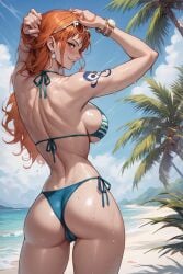 ai_generated beach big_breasts bikini bikini_bottom bikini_top biting_lip blue_bikini blush cameltoe earrings excited female female_focus female_only hand_on_head hands_up looking_at_viewer nami nami_(one_piece) one_piece palm_tree posing posing_for_the_viewer rear_view red_hair round_ass sea sideboob solo_female standing sunglasses sunglasses_on_head tattooed_arm thalaria!! thighs thin_waist wet wet_body