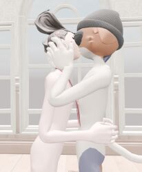 3d beanie blender blender_(software) brown_hair camille_(fortnite) closed_eyes feline female_only fortnite human_and_anthro human_camille human_on_anthro kissing lesbian lesbian_kiss malakisuglypotato_(artlist) meow_skulls_(fortnite) nude tie