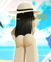 3d barefoot beach beach_hat big_ass big_breasts black_hair blender_(software) blender_cycles cher924 einhornborni exposed_ass female hand_on_head light-skinned_female nude_female roblox roblox_avatar self_upload watermark