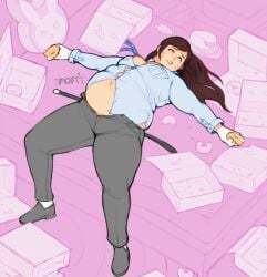 bbw belly belt belt_snapping big_belly big_breasts chubby chubby_female d.va fat fat_ass fat_belly overwatch overwatch_2 overweight overweight_female pewbutt police_officer_d.va police_uniform tight_clothing tight_fit wardrobe_malfunction weight_gain