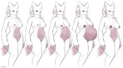 absurd_res anthro areola artist_name bahnbahn belly big_belly breasts dua_(bahnbahn) female fingers generation_1_pokemon genitals hi_res legendary_pokemon medium_breasts mewtwo multicolored_body nintendo nipples nude pink_body pokemon pokemon_(species) pregnancy_progression pregnant pregnant_anthro pregnant_female pussy solo standing two_tone_body white_body