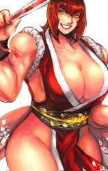 abs big_breasts breasts chest_harness cosplay covered_abs covered_nipples cowboy_shot diagonal_bangs fatal_fury female green_eyes highres huge_breasts king_of_fighters kunoichi mai_shiranui_(cosplay) marisa_rossetti mole mole_under_eye muscular muscular_female red_hair short_hair sidelocks snk solo street_fighter street_fighter_6 thick_thighs thighs white_background zmnjo1440