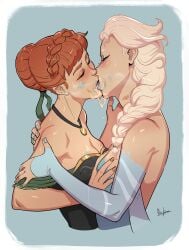 2girls anna_(frozen) blonde_hair braided_hair breast_grab brown_hair closed_eyes disclaimer disney elsa_(frozen) french_kiss french_kissing frozen_(film) incest kissing light-skinned_female lipstick lipstick_mark multiple_girls saliva saliva_on_breasts saliva_string siblings simple_background sisters touching_breast white_background yuri