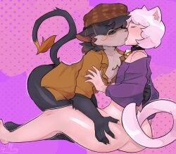 2024 anthro ass butt_grab closed_eyes clothed clothing duo eyewear felid feline hand_on_butt hat headgear headwear hi_res kissing making_out male male/male mammal monocle open_mouth partially_clothed romantic romantic_couple simple_background sonofan tail tongue tongue_out