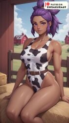 4k ai_generated belt brawl_stars cow_costume dark-skinned_female dark_skin fanart female hay nsfw purple_eyes purple_hair shelly_(brawl_stars) sitting solo stable_diffusion