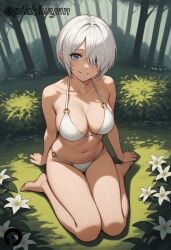 ai_generated angel_(kof) arm_support bangs bare_arms bare_legs bare_shoulders barefoot bikini blue_eyes breasts bush cleavage collarbone day eyes_visible_through_hair female flower forest full_body grass grin hair_over_one_eye halterneck king_of_fighters large_breasts looking_at_viewer nature navel o-ring o-ring_bikini on_ground outdoors parted_lips pikkiwynn short_hair sitting smile solo stomach string_bikini swimsuit thighs wariza white_bikini white_hair