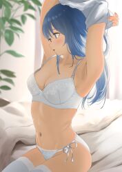 1girls absurdres armpits arms_up bed_sheet blue_eyes blue_hair blurry blurry_background blush bra breasts caeda_(fire_emblem) commission female female_only fingernails fire_emblem fire_emblem:_mystery_of_the_emblem fire_emblem:_shadow_dragon_and_the_blade_of_light highres indoors lace-trimmed_panties lace_trim lingerie lingerie_only long_hair looking_to_the_side medium_breasts nail_polish navel nintendo panties parted_lips pink_nails plant side-tie_panties sitting skeb_commission solo stomach tama_(tamago) thighhighs underwear undressing white_bra white_panties white_thighhighs