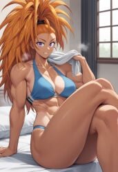 1girls ai_generated bath breasts captain_mizuki clothed female fit_female long_hair muscular_female one-punch_man orange_hair ponytail tan_body thighs tied_hair towel