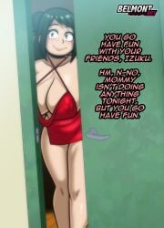 behind_door belmont big_breasts cleavage dialogue green_eyes green_hair inko_midoriya milf muscular_(my_hero_academia) my_hero_academia nipple_bulge revealing_clothes thick_thighs