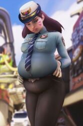 bbw belly belt breasts chubby chubby_female d.va fat fat_belly hands_on_belly muffin_top overwatch overwatch_2 overweight overweight_female police_officer_d.va police_uniform raikovjaba tight_belly tight_clothing tight_fit weight_gain