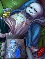 blush blush couch drool drooling ectopenis fallen_ghost_angel_(artist) food phone precum sans sleeping undertale