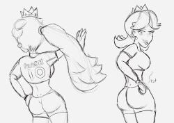 2girls ass ass_focus back big_ass big_breasts breasts busty crown daisy's_hot_stuff_(trend) earrings fat_ass female female_focus from_behind gloves hand_on_ass hand_on_hip hand_on_own_ass highres jewelry large_breasts long_hair looking_afar looking_at_viewer mario_(series) mario_strikers mario_strikers_peach_back_view_redraw_(meme) mario_strikers_princess_daisy_side_view_redraw_(meme) midriff monochrome multiple_girls nintendo open_mouth outstretched_arm ponytail pose posing princess princess_daisy princess_peach sensual shirt short_hair short_shorts short_sleeves shorts sideboob smile soccer_uniform sportswear standing thighs tongue tongue_out two-tone_shirt white_gloves white_shorts wide_hips