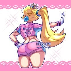 1girls ass ass_focus back big_ass blonde_hair crown earrings fat_ass female female_focus from_behind from_below gloves hand_on_hip highres huge_ass jewelry long_hair looking_afar mario_(series) mario_strikers mario_strikers_peach_back_view_redraw_(meme) midriff nintendo outstretched_arm pink_shirt pink_shorts ponytail pose posing princess_peach sensual shirt short_shorts short_sleeves shorts soccer_uniform solo sportswear standing thick_thighs thighs two-tone_shirt unluckylapin white_gloves wide_hips