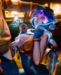 1boy 1girls 3d blender_(software) breasts glowing hand_on_head heart heart-shaped_pupils helmet juno_(overwatch) nipples null_renders overwatch overwatch_2 paizuri penis purple_hair suit titfuck titjob tits_out zipper_down