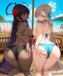 2girls alternate_costume ass ass_focus asuna_(blue_archive) asymmetrical_docking beach beach_chair big_ass big_breasts bikini black_bikini black_hair blue_archive blue_bikini blue_eyes blue_ribbon blue_sky breast_press breasts chocolate_and_vanilla commentary_request dark-skinned_female dark_skin flower from_behind grin hair_between_eyes hair_flower hair_ornament hair_over_one_eye hair_ribbon halo hand_on_own_ass hibiscus highres karin_(blue_archive) large_breasts long_hair looking_at_viewer looking_back multiple_girls ocean outdoors ribbon sideboob sky smile solar_(happymonk) swimsuit very_long_hair wet yellow_eyes