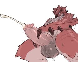 anthro balls bodily_fluids capcom cum cumshot ejaculation erection flying_wyvern genital_fluids genitals humanoid_genitalia humanoid_penis male male_only masturbation monster_hunter penile penile_masturbation penis rath_wyvern rathalos red_body red_scales scales scalie simple_background solo solo_male solterv spikes sweat sweatdrop