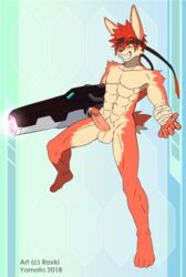 2018 action_pose anthro athletic erection full-length_portrait hair headband holding_object holding_weapon humanoid_penis kemono lagomorph laser_gun male male_only mammal nude penis portrait pose precum rabbit ranged_weapon raxkiyamato red_hair smile solo standing teeth weapon