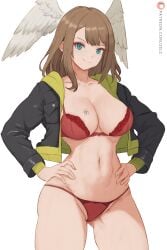 black_jacket blue_eyes bra breast_tattoo breasts brown_hair cleavage closed_mouth commentary english_commentary eunie_(xenoblade) female green_jacket hands_on_hips head_wings highres hood hood_down hooded_jacket jacket large_breasts long_hair looking_at_viewer multicolored_clothes multicolored_jacket navel panties patreon_username red_bra red_panties smile solo tattoo two-tone_jacket underwear white_background white_wings wings xenoblade_(series) xenoblade_chronicles_3 zelc-face