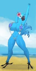 areolae beach beak bikini bimbo bird blue_feathers breasts_bigger_than_head color curvy diklonius furry hi_res huge_breasts jewel_(rio) looking_at_viewer nipples parrot parrot_humanoid rio_(film) round_breasts thick_thighs voluptuous wide_hips