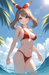 1girl ai_generated bare_arms bare_shoulders beach bikini bikini_bottom bikini_top blue_eyes boob_window breasts brown_hair cleavage clouds female hips lake looking_at_viewer may_(pokemon) may_(pokemon_oras) medium_hair navel palm_tree palm_trees paquebot pokemon ribbon sky smile smiling smiling_at_viewer solo solo_focus splashing summer sunlight swimming swimsuit swimwear tagme thighs water