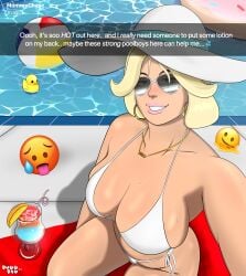 1girls aurora_chase_(dugg_dig) beauty_mark big_breasts bikini blonde_hair curvy drink dugg_dig emoji heterochromia hoop_earrings milf mother necklace oc original_character overflowing_breasts pool poolside rubber_duck seductive selfie smiling snapchat summer sun_hat sunglasses sweat text thick_thighs voluptuous water white_bikini wide_hips