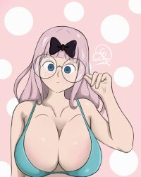 1girls artist_name big_breasts bikini bikini_top_only blue_eyes breasts busty cleavage female female_only fujiwara_chika glasses green_bikini highres kaguya-sama_wa_kokurasetai_~tensai-tachi_no_renai_zunousen~ large_breasts long_hair looking_at_viewer pink_hair solo swimsuit voluptuous