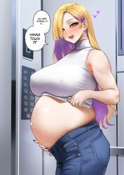 armpits big_ass big_belly big_breasts blonde_hair elevator erect_nipples erection_under_clothes gyaru gyaru_gal jeans long_hair neige_(pixiv6850453) pregnant purple_hair sleeveless sleeveless_shirt tagme turtleneck two-tone_hair white_pupils