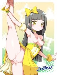 armpits ass_visible_from_the_front bare_arms bare_legs bare_shoulders bare_thighs black_hair blush breasts breasts_out censored_pussy closed_mouth collarbone detached_sleeves erect_nipples expressionless hair_ribbon heart_censor himitsu_no_aipri idol leg_up long_hair medium_breasts necklace nipples no_bra no_panties skirt standing_on_one_leg suzukaze_tsumugi thighs wrist_cuffs yellow_dress yellow_eyes zootan