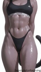 ai_generated bra breasts cat_tail catgirl covered_nipples girl gym_uniform highleg_panties hips panties purple_skin sportswear sweat sweatdrop unforgiving wet wet_body wet_skin