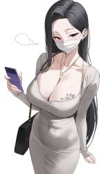 absurdres bag black_hair blush breast_tattoo breasts cellphone cleavage collarbone covered_navel dongtan_dress dongtan_lady_(k_pring) dress female grey_dress highres jewelry k_pring large_breasts long_hair long_sleeves looking_at_viewer mask mouth_mask necklace original parted_bangs phone purple_eyes shoulder_bag solo tattoo