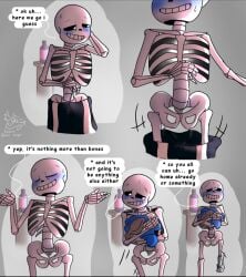 blush dialogue fallen_ghost_angel_(artist) no_genitals sans skeleton taking_clothes_off undertale