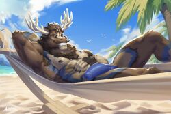 abs amon-sydonai anthro antlers beach_background bulge deer detailed_bulge diffuse_moose fangs genital_outline hammock hi_res horn male mammal moose muscular muscular_anthro muscular_male new_world_deer nipples pecs penis_outline sharp_teeth solo teeth